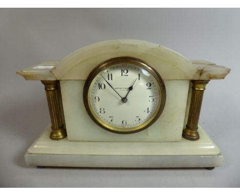 An Edwardian Alabaster Mantle Clock of Architectural Form with Gilt Corinthian Columns, Damaged and Glued to One Side, 24cm W