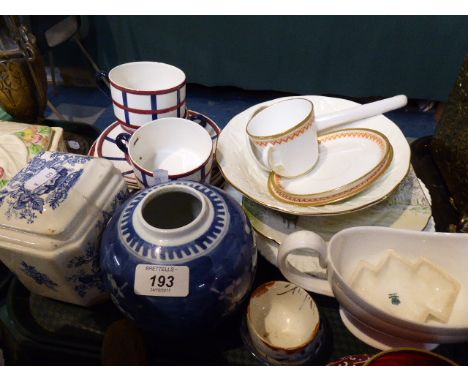 A Tray of Ceramics to Include Coffee Cans and Saucers, Blue and White Tea Caddy, Coalport Etc