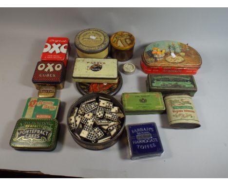 A Tray Containing Vintage Tins and Nine Dot Dominoes 