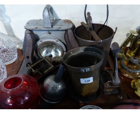 A Tray of Metal Wares to Include Iron Shire Horse Shoes, Vintage Lamp, Letter Stamp, Funnel, Miniature Sewing Machine etc