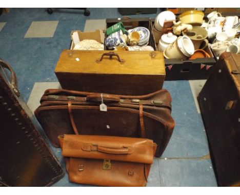 A Vintage Gladstone Bag, Satchel and Wooden Box 