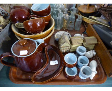 A Tray of Denby Stonewares, Mouse and Beehive Ornaments, Bed Chamber Stick Etc 