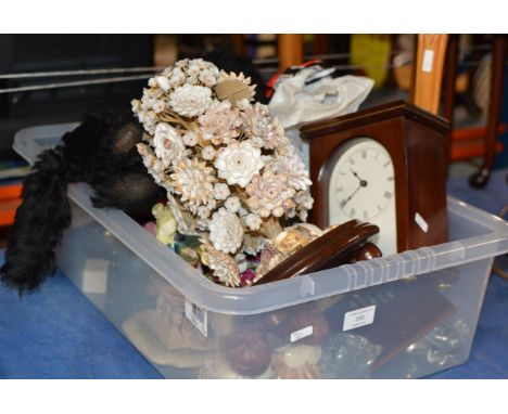 BOX WITH MANTLE CLOCK, VARIOUS FIGURINES, PAPER WEIGHTS  ETC     