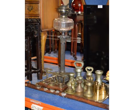 TRAY WITH VARIOUS BRASS WEIGHTS, COLUMNED SHEFFIELD PLATE PARAFFIN LAMP, SET OF WINDLE AND ELYTH POSTAL SCALES, WALKING STICK