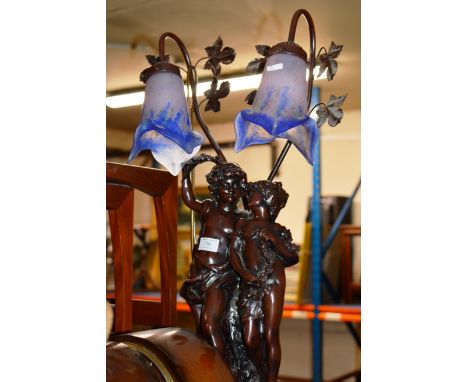 DOUBLE FIGURE BRONZED STYLE LAMP AND SHADE     