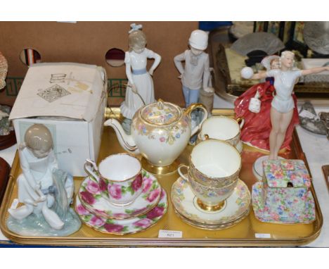 TRAY WITH ROYAL DOULTON FIGURINE, NAO FIGURINE ORNAMENTS, ROYAL ALBERT TRIO SET, ROYAL WINTON CHINTZ PRESERVE DISH ETC     