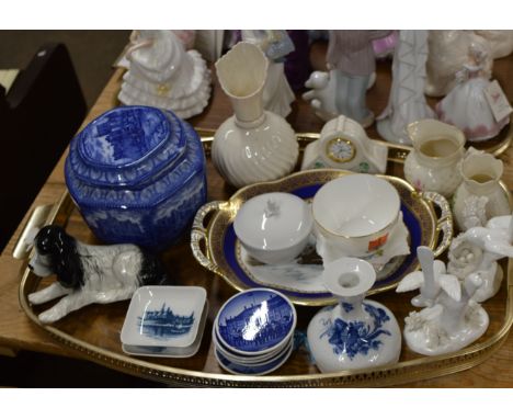 TRAY WITH BLUE &amp; WHITE LIDDED DISH, BELLEEK CLOCK, BELLEEK VASE, ROYAL COPENHAGEN CANDLE STICK &amp; MINIATURE PLATES, DO