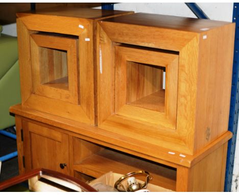 LIGHT OAK TV CABINET, PAIR OF OAK TABLE CUBES     