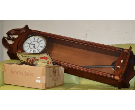 LONG MAHOGANY STAINED POLARIS WALL CLOCK BOX, CONTAINING VARIOUS MANTLE AND CARRIAGE CLOCKS, TRAY, MAUCHLINE WARE ETC     