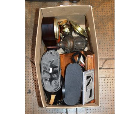2 PAIRS BINOCULARS, CIGARETTE CASE, QUANTITY OF BRASSWARE, CARVED BOX, TRINKET DISH, SMALL BRASS POTS ETC     