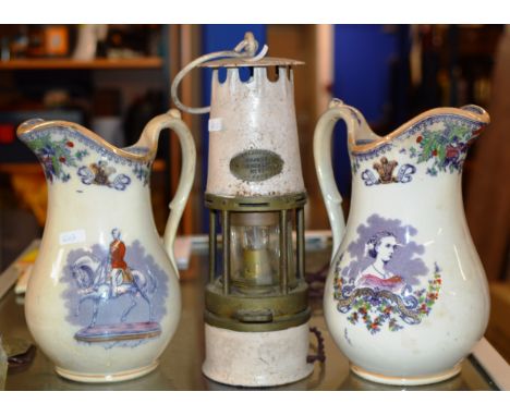 PAIR OF OLD TRANSFER WARE POTTERY JUGS - THE PRINCE OF WALES &amp; PRINCESS ALEXANDRA, TOGETHER WITH AN OLD CONVERTED MINORS 