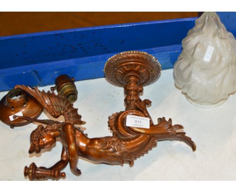 ORNATE BRONZED WINGED LADY WALL MOUNTED LIGHT FITTING WITH GLASS FLAME SHADE     