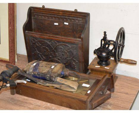 CARVED MAHOGANY STAINED MAGAZINE RACK, COFFEE GRINDER, MANTLE CLOCK, WORLD WAR CANTEEN     