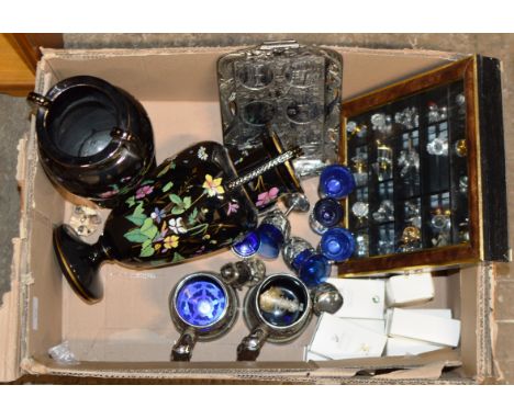 BOX WITH PAIR OF DECORATIVE VASES, BLUE GLASS WARE, SMALL DISPLAY CASE, SWAROVSKI ORNAMENTS ETC