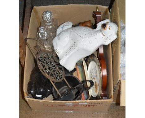 BOX CONTAINING WALLY DOG, CUT CRYSTAL DECANTERS, EP BASKET VASE, ROYAL DOULTON DISH, BAROMETER-THERMOMETER, PAPER WEIGHT ETC 