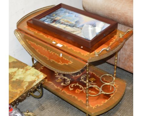 GILT MOUNTED DRINKS TROLLEY &amp; 2 LIGHT UP PICTURES     