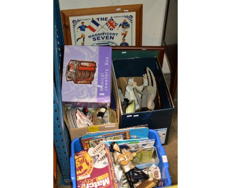 3 BOXES WIH QUANTITY OF VARIOUS CHINA ORNAMENTS , FIGURINES, ELVIS CAST IRON DOOR STOP, MOTHERWELL FOOTBALL PROGRAMMES, WATCH