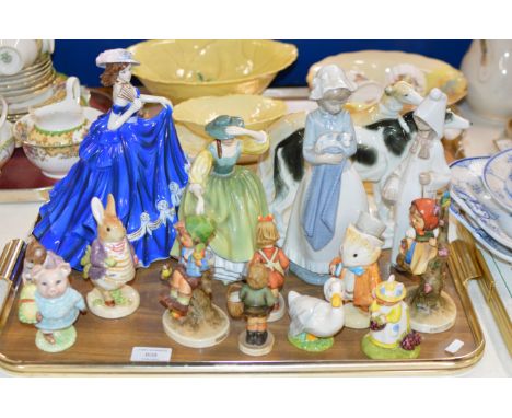 TRAY WITH COALPORT FIGURINE ORNAMENT, ROYAL DOULTON FIGURINE, VARIOUS HUMMEL ORNAMENTS ETC     