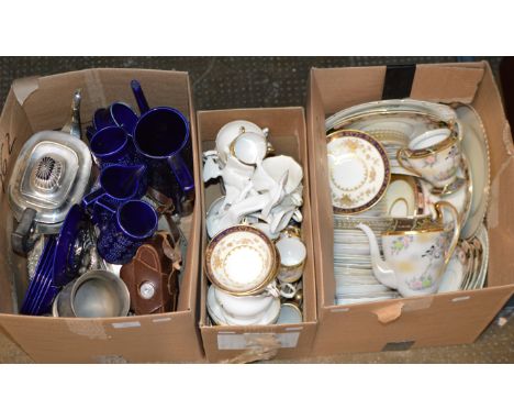 3 BOXES OF VARIOUS TEA WARE, EP TEAPOT, TANKARD, CAMERA, SONA VERONA ORNAMENTS ETC     