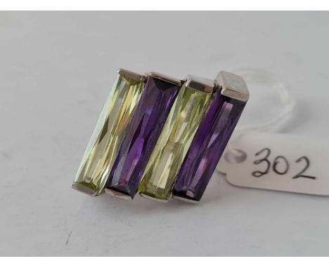 Silver designer Deco ring with purple and green stone bands size P