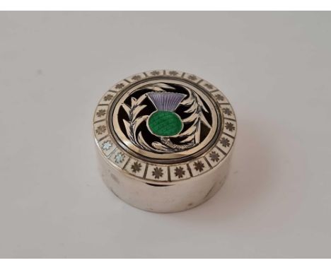 A circular jar, enamel cover pierced, 1.5" diameter, Birmingham 1910 by LE