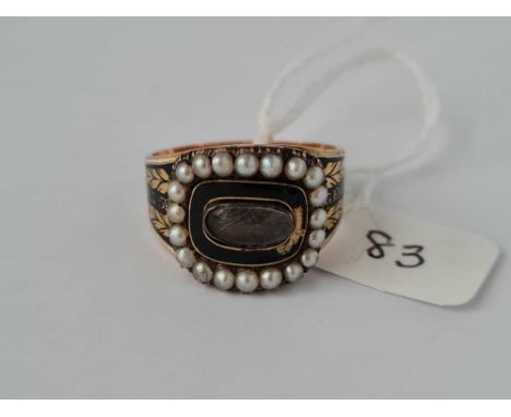 Antique George III gold memorial ring, enamelled in black &amp; white with a    pearl cluster top and a central glazed compar