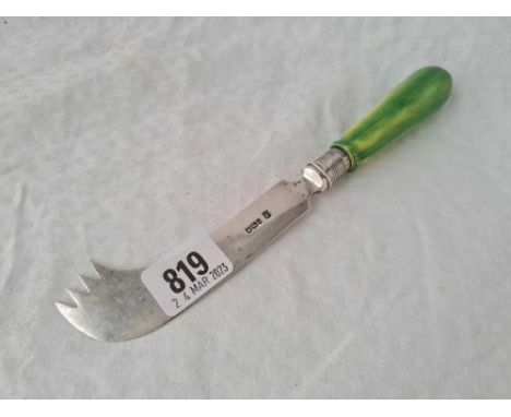 Edwardian cheese knife/fork  with china fruit handle . Sheffield 1901 By J L