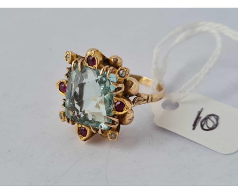 ORNATE AQUAMARINE DIAMOND &amp; RUBY RING high carat gold aqua size  5.4ct ring size M 6.6g inc