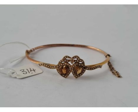 A PEARL &amp; CITRINE DOUBLE HEART  bangle 6.7g