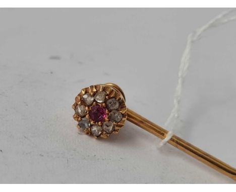 A stick pin with screw on diamond &amp; ruby cluster terminal