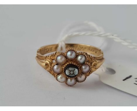 Antique Victorian 15ct mourning ring, pearl cluster Silver fringe necklace15 ¾ inches long with central hardstone carved flow