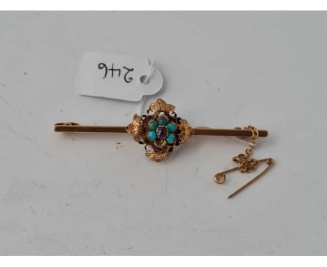 An early Victorian turquoise &amp; ruby Quatraform brooch 15ct gold 5.5g inc 1 turquoise missing