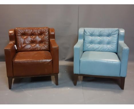 Two leather armchairs, one in light blue leather, the other brown leather, on tapered legs, each with button back cushion, H.