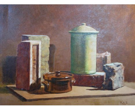 Kenneth Brundle FRIBA (contemporary British school), An oil sketch of a still life of ceramic pots, signed and framed, 51 x 4