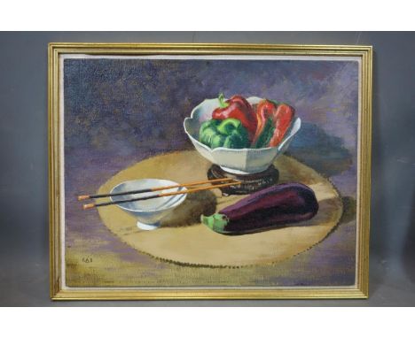 Kenneth Brundle FRIBA (contemporary British school), An oil sketch of a still life of a fruit bowl, aubergine and bowl &amp; 