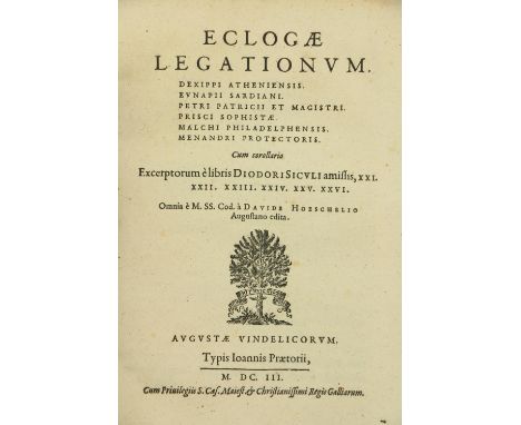 From Porson's Sale&nbsp;  Hoeschelio (David)&nbsp;Eclogae Legationum, ... Cum corollario Excerptorum e libris Diodori Siculi 