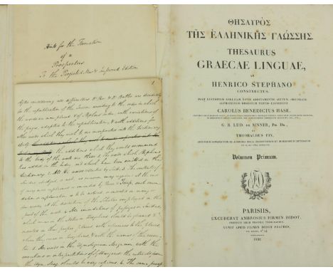 With Thirteen Page Manuscript loosely Inserted  Etienne (Henry) Thesaurus Graecae Linguae, ab Henrico Stephano Constructus, 8