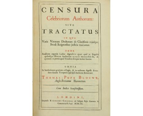 Bibliography:&nbsp; Blount (Thomas - Pope)&nbsp;Censura Celebriorum Authorum:&nbsp;Sive Tractatus in quo Varia Virorum Doctor