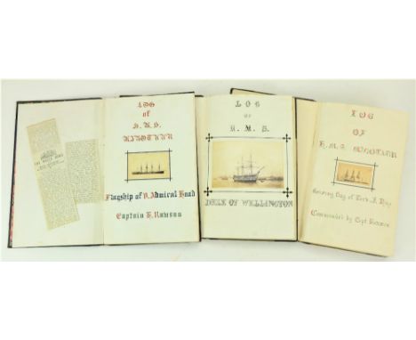 Log Books of Three British Warshipsÿ  Manuscripts:ÿ Three folio Volumes,ÿcontaining meticulously arranged logs of the voyages