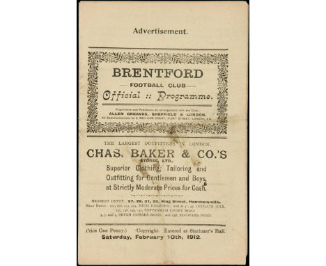 Brentford v Queen's Park Rangers programme 10th February 1912,Southern League fixture