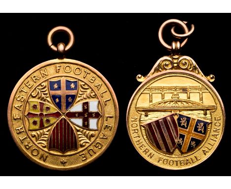 Two 9ct. gold & enamel north-east football medals awarded to an Ashington player,the first a Northern Football Alliance Champ