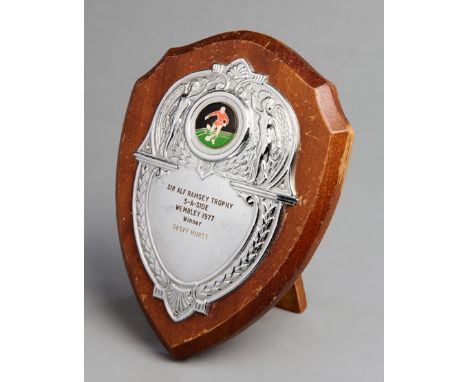 Sir Alf Ramsey Trophy presented to Geoff Hurst in 1977,a silvered metal & enamel trophy shield from the 5-A-Side Tournament a