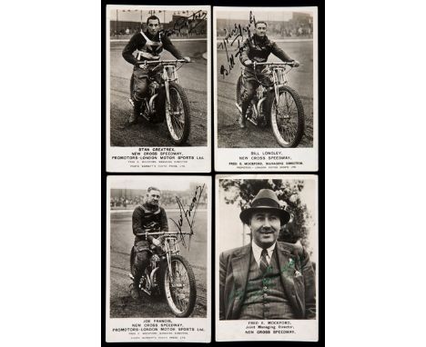 A group of 12 signed New Cross speedway postcards circa 1937,comprising: Fred E. Mockford (joint managing director) and the r