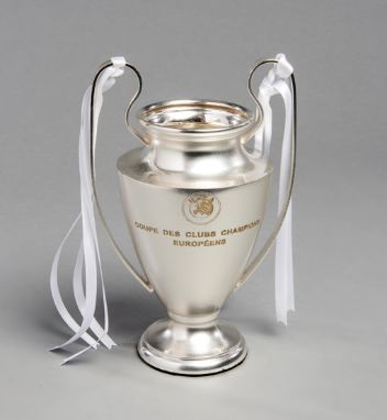 A Real Madrid player's trophy for the UEFA Champions League,in the form of a miniature metallic replica of the tournament tro