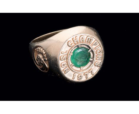 The 1977 NASL Soccer Bowl Championship Ring awarded to the New York Cosmos equipment manager Charles Martinelli,the 10k gold 