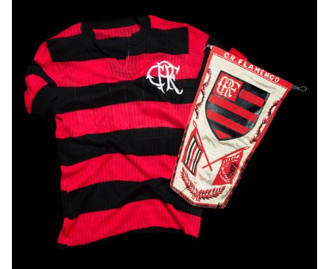 Zico match-worn red & black hooped Flamengo No.10 jersey from the game v Cosmos at the Maracana Stadium, Rio De Janeiro, 14th