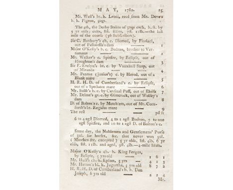 Racing Calendar for 1780 including the first running of The Derby won by Sir Charles Bunbury's Diomed,published by Weatheby's