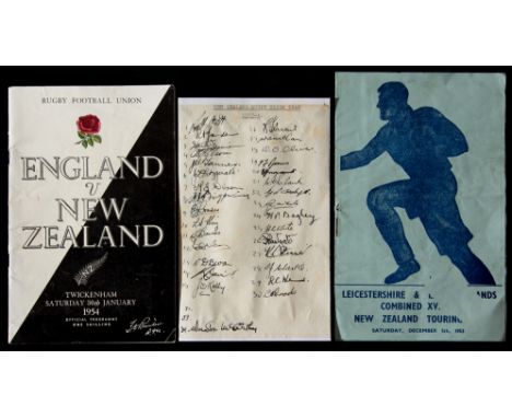 The autographs of the 1953-54 New Zealand All Blacks Rugby touring team to the British Isles,the signatures of the 30-man pla