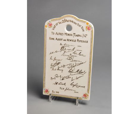 A very rare ceramic wall plaque marking the visit of the 1948 Australian cricket team to Albert Meakin (Tunstall) Ltd's Royal