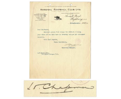 Herbert Chapman signed letter on Arsenal headed paper,dated 20th December 1926 and addressed to Arthur Turner of Tottenham Ho